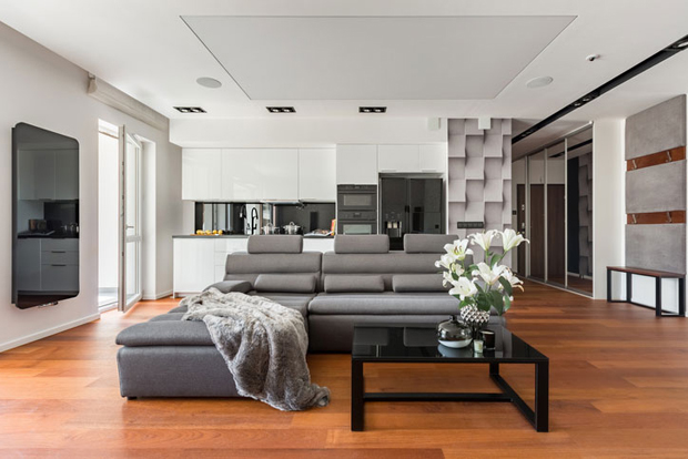 gray sofa and coffee table